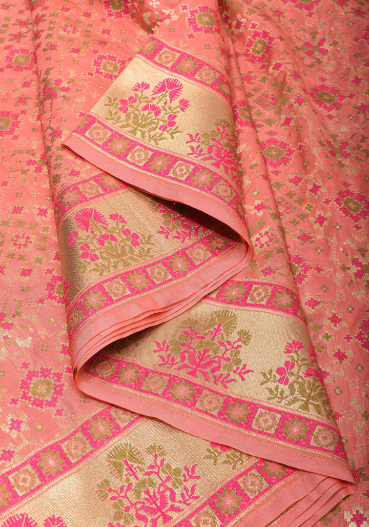 Exquisite Coral Pink Semi Silk Saree with Patola Ikkat Meenakari Zari Border and Pallu