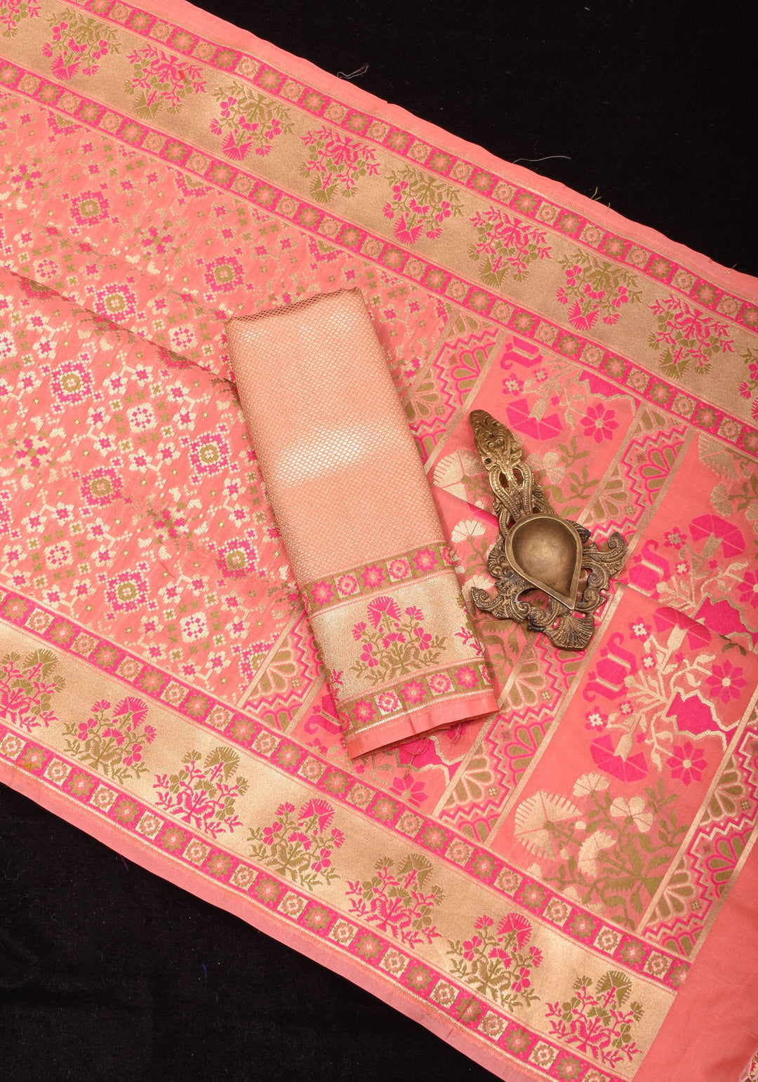 Exquisite Coral Pink Semi Silk Saree with Patola Ikkat Meenakari Zari Border and Pallu