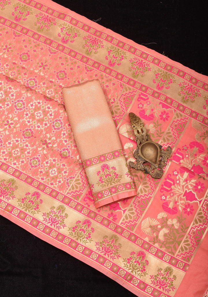 Exquisite Coral Pink Semi Silk Saree with Patola Ikkat Meenakari Zari Border and Pallu
