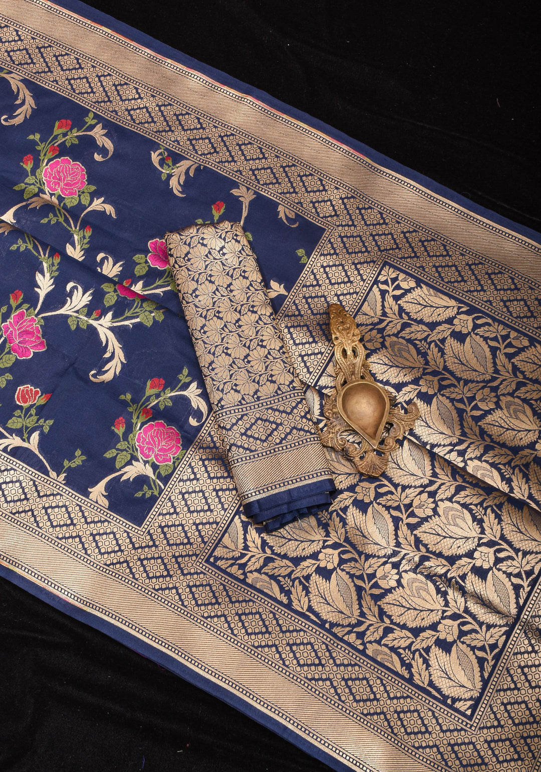 Space Cadet tone Exquisite Meenakari Rose Jaal Semi Silk Saree and zari border