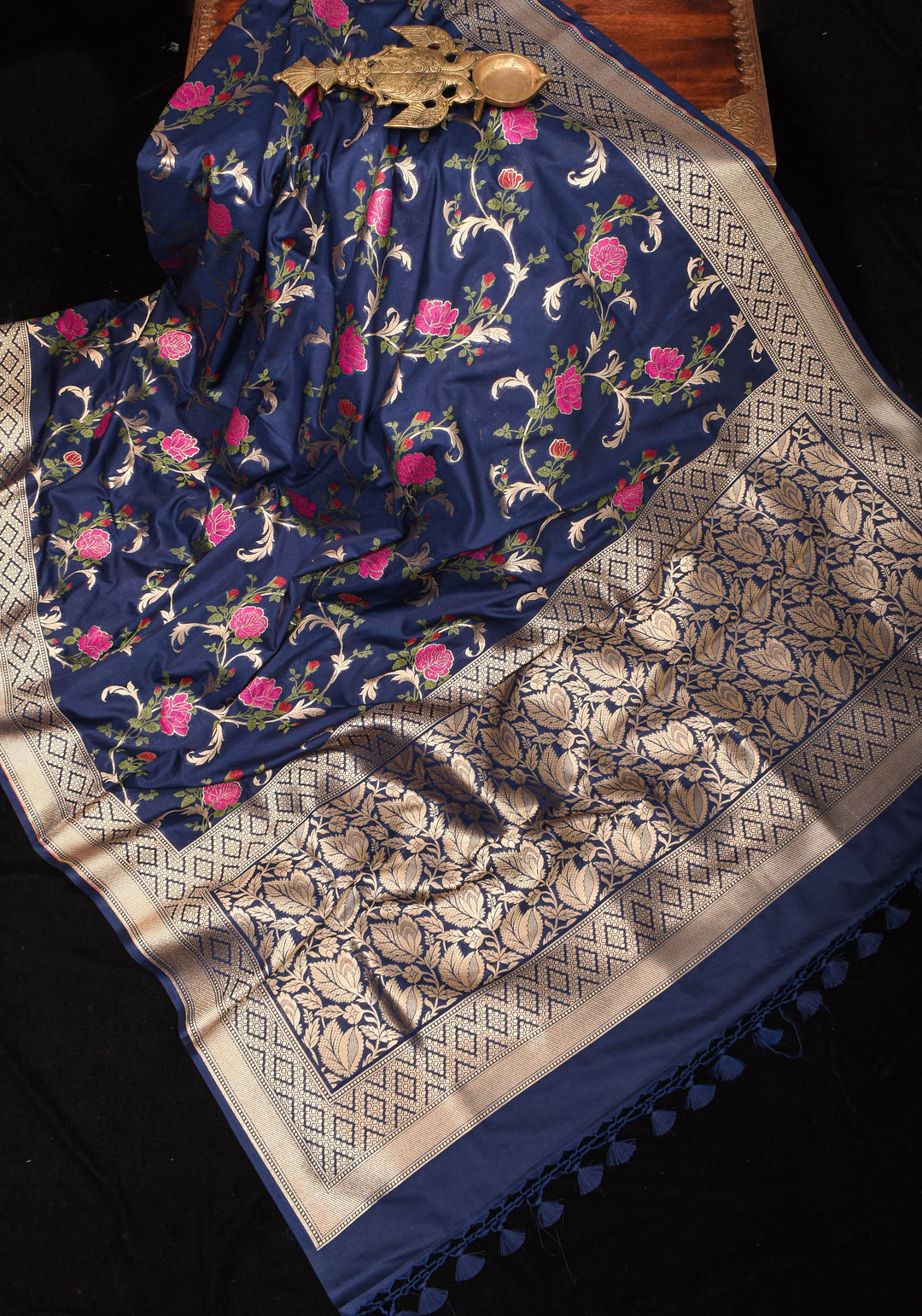 Space Cadet tone Exquisite Meenakari Rose Jaal Semi Silk Saree and zari border