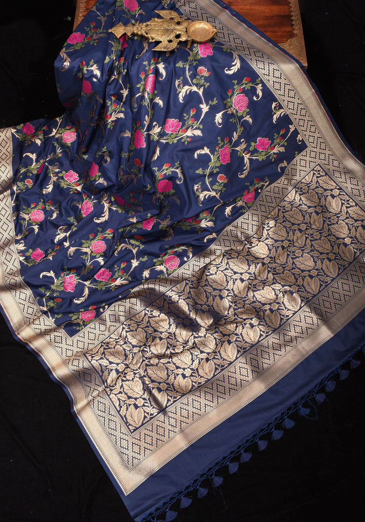 Space Cadet tone Exquisite Meenakari Rose Jaal Semi Silk Saree and zari border