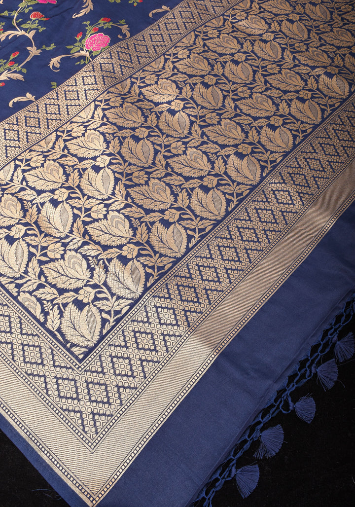 Space Cadet tone Exquisite Meenakari Rose Jaal Semi Silk Saree and zari border