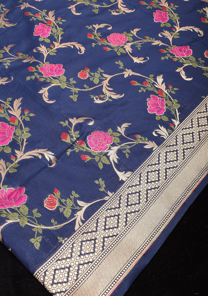 Space Cadet tone Exquisite Meenakari Rose Jaal Semi Silk Saree and zari border