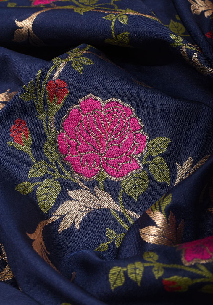 Space Cadet tone Exquisite Meenakari Rose Jaal Semi Silk Saree and zari border