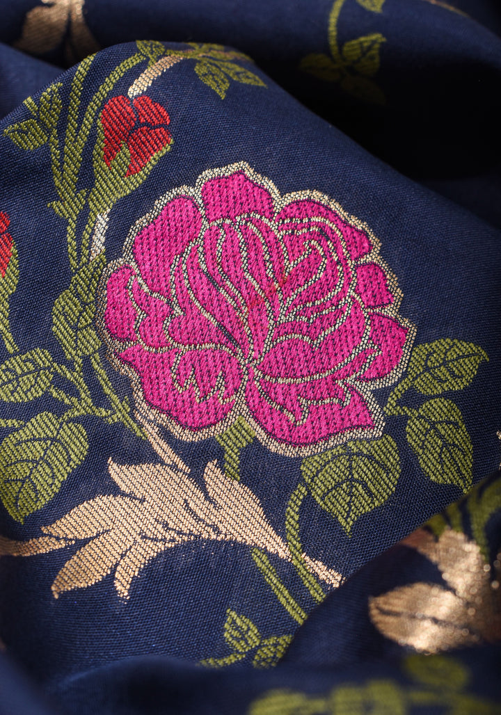 Space Cadet tone Exquisite Meenakari Rose Jaal Semi Silk Saree and zari border