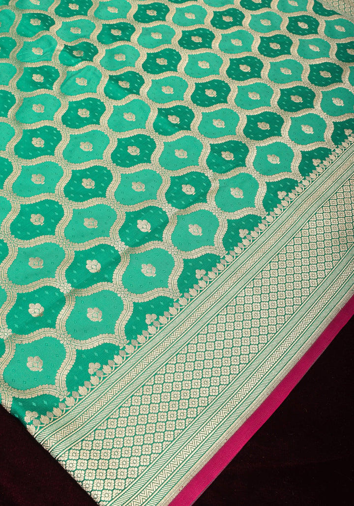 Teal green Moroccan trellis Zari jaal Semi Silk Saree and zari border | SHOBITAM