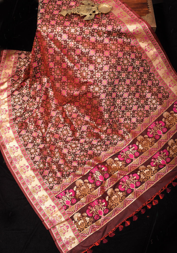 Exquisite Brown Semi Silk Saree with Patola Ikkat Meenakari Zari Border and Pallu