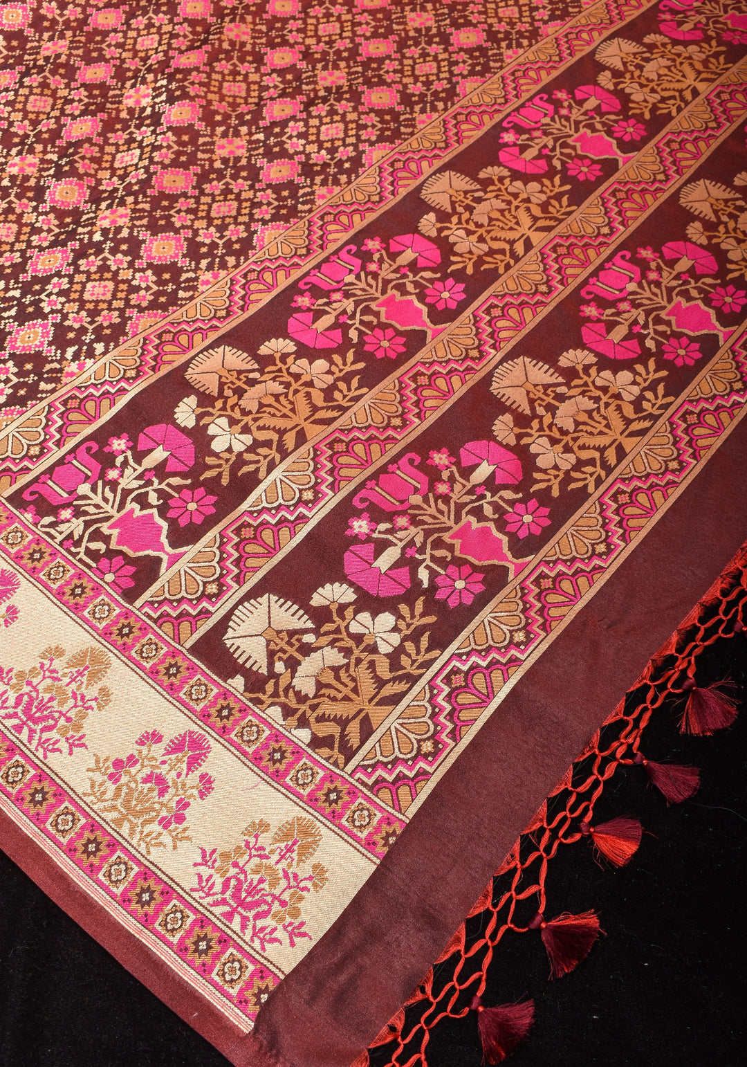 Exquisite Brown Semi Silk Saree with Patola Ikkat Meenakari Zari Border and Pallu