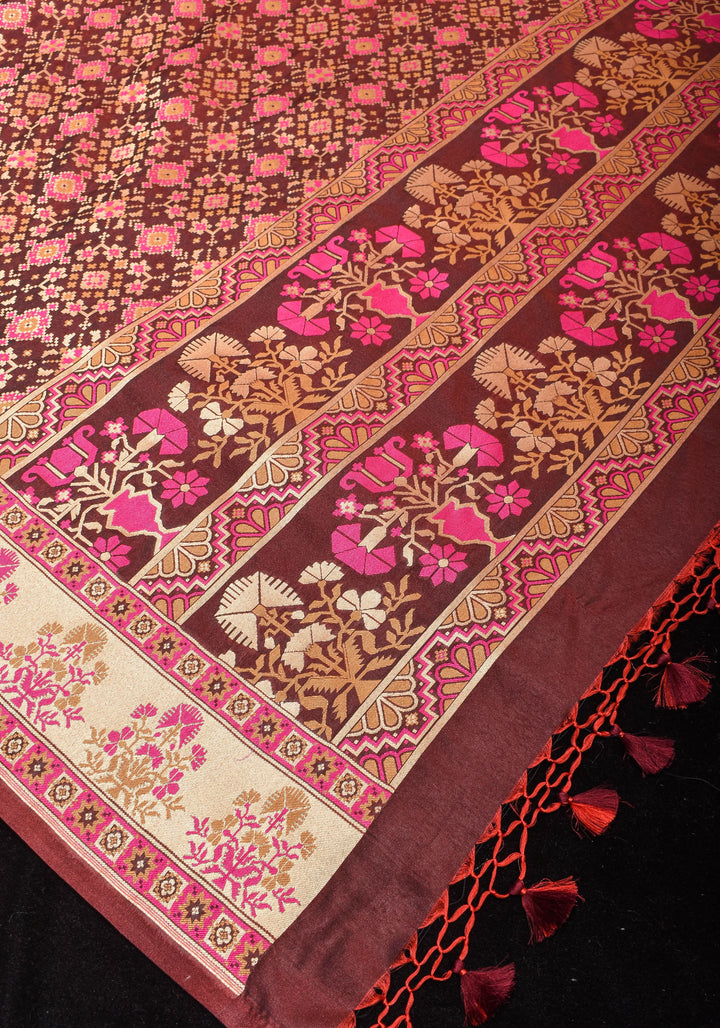 Exquisite Brown Semi Silk Saree with Patola Ikkat Meenakari Zari Border and Pallu