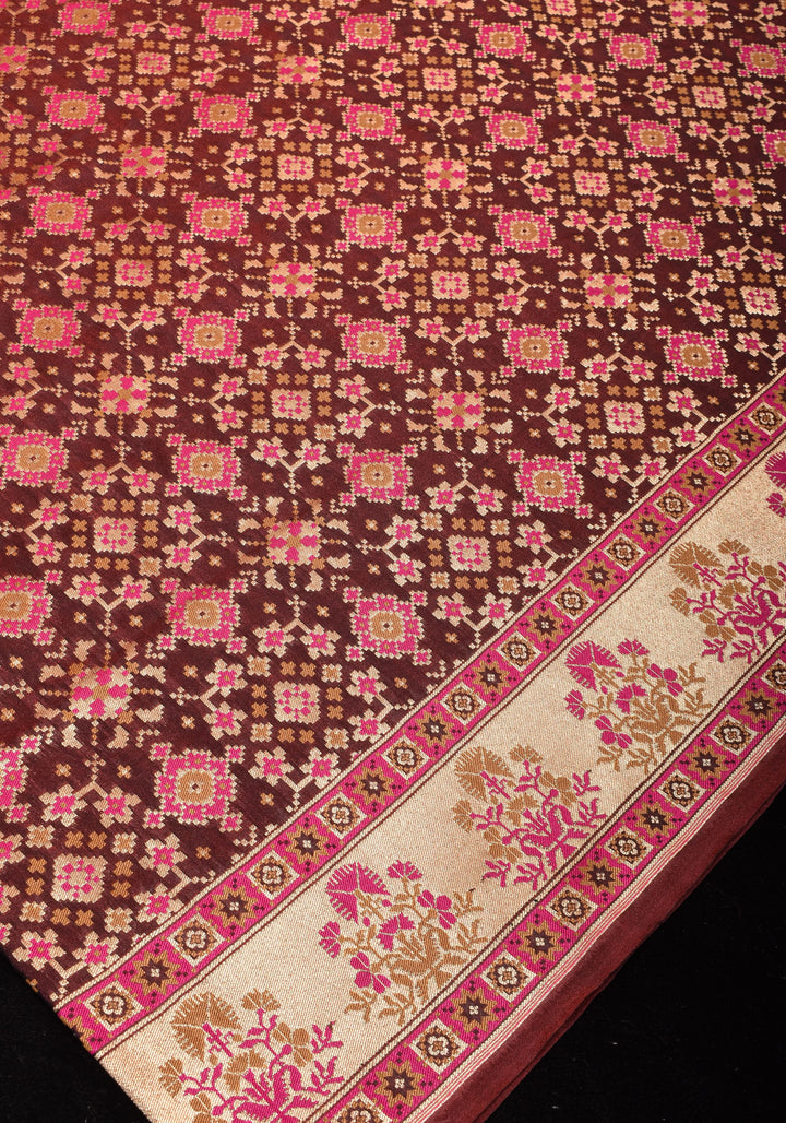 Exquisite Brown Semi Silk Saree with Patola Ikkat Meenakari Zari Border and Pallu