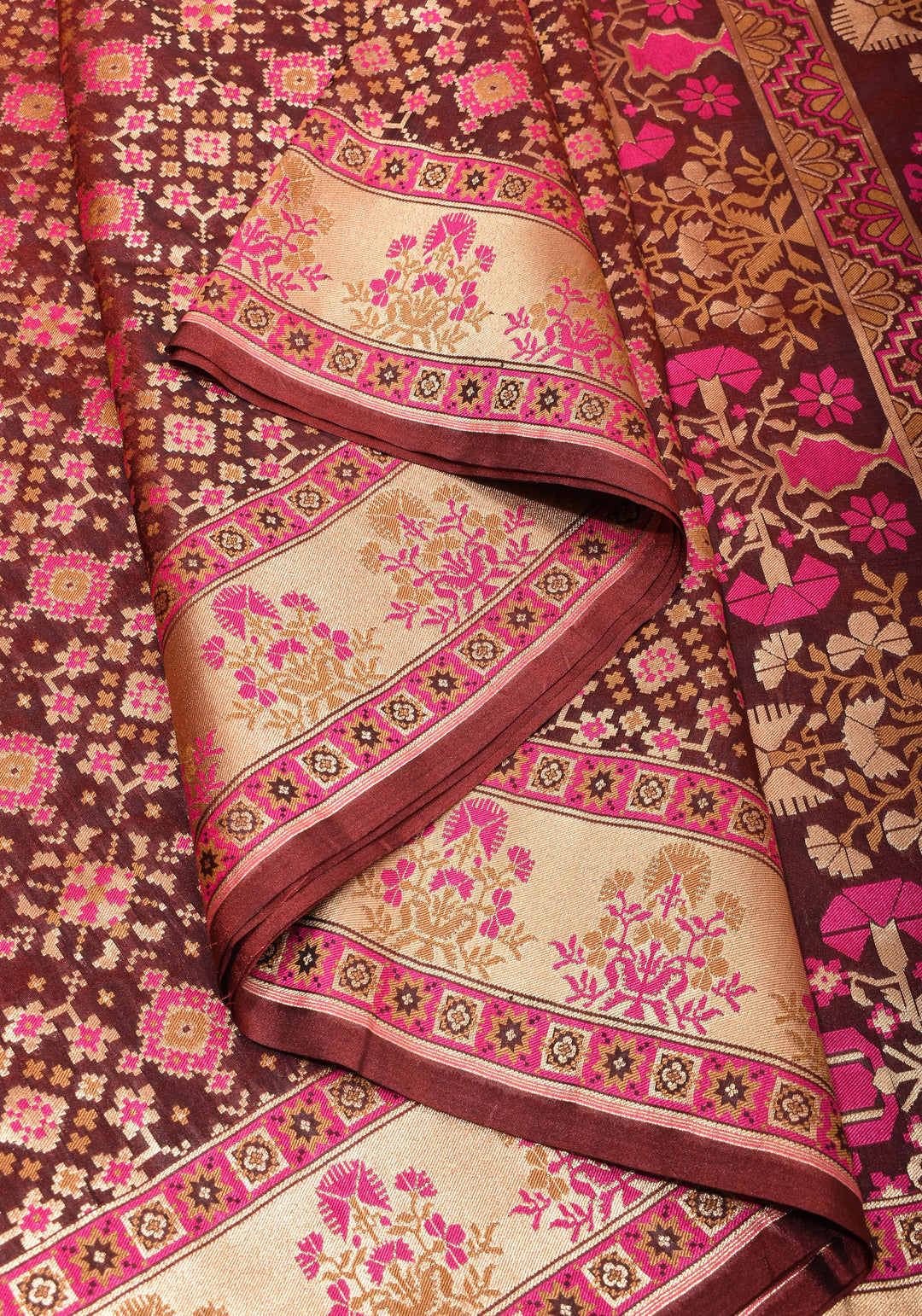 Exquisite Brown Semi Silk Saree with Patola Ikkat Meenakari Zari Border and Pallu