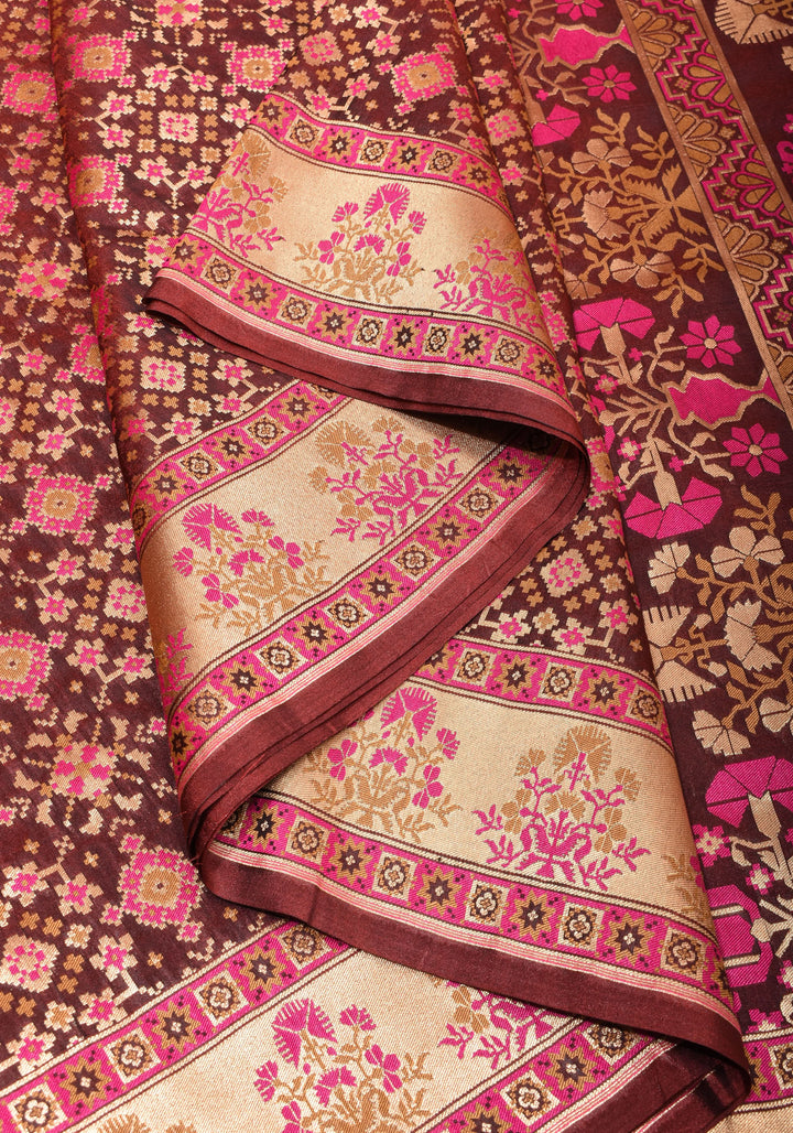 Exquisite Brown Semi Silk Saree with Patola Ikkat Meenakari Zari Border and Pallu