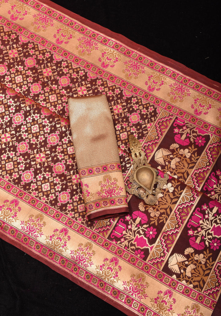 Exquisite Brown Semi Silk Saree with Patola Ikkat Meenakari Zari Border and Pallu
