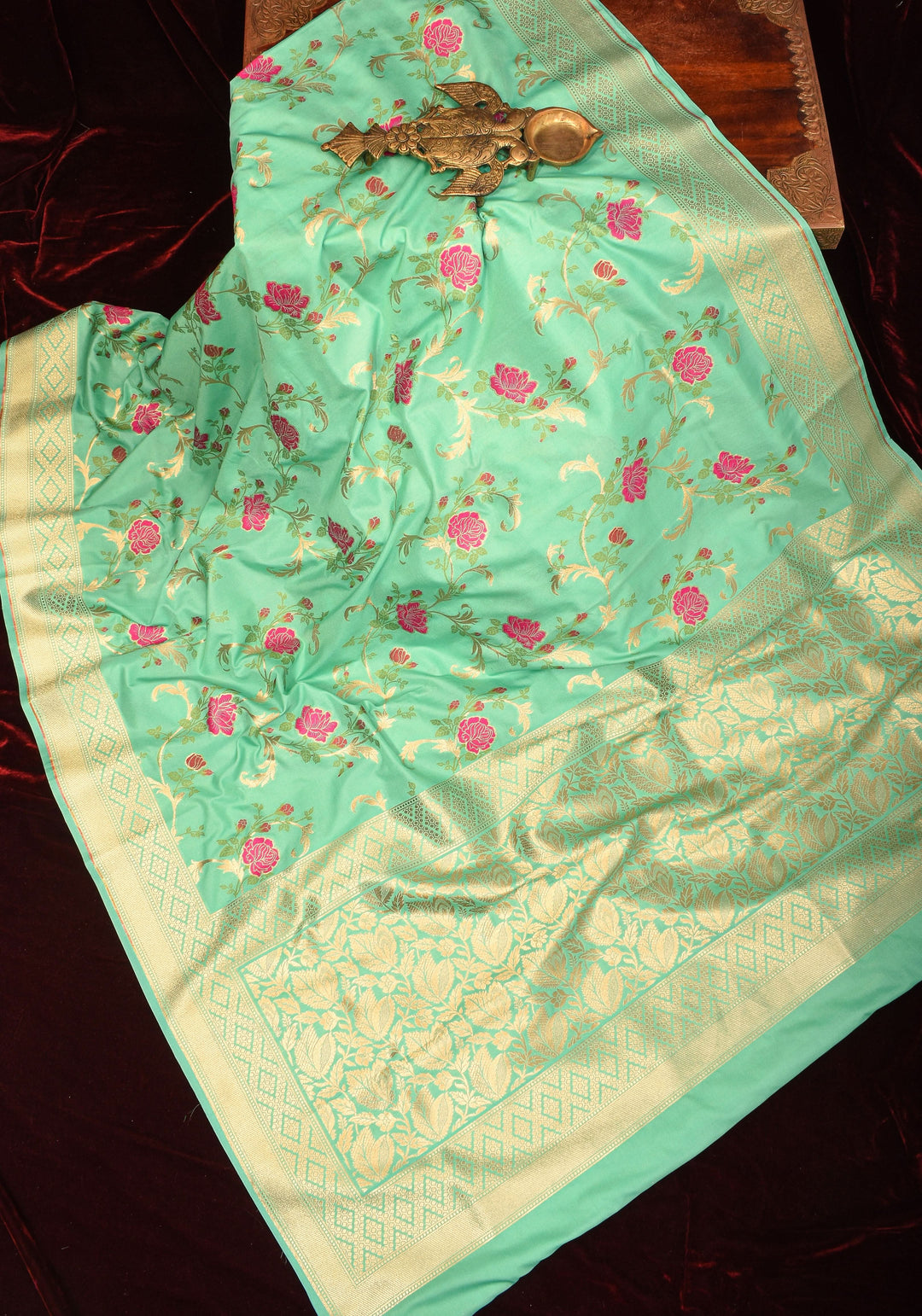 Aqua Exquisite Meenakari Rose Jaal Semi Silk Saree and zari border