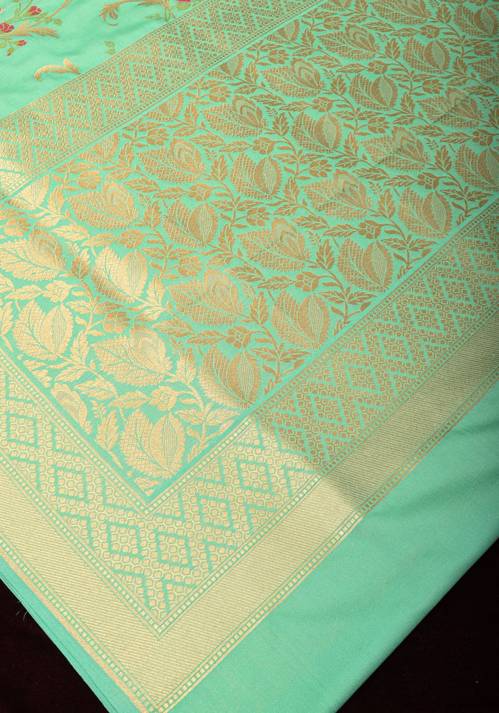 Aqua Exquisite Meenakari Rose Jaal Semi Silk Saree and zari border
