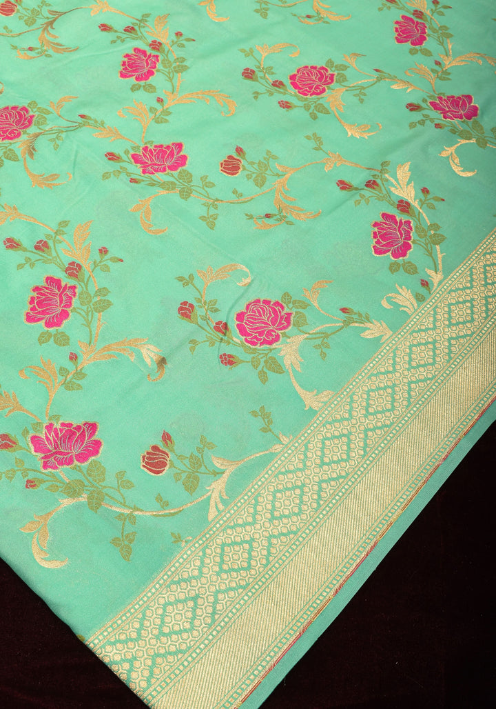 Aqua Exquisite Meenakari Rose Jaal Semi Silk Saree and zari border