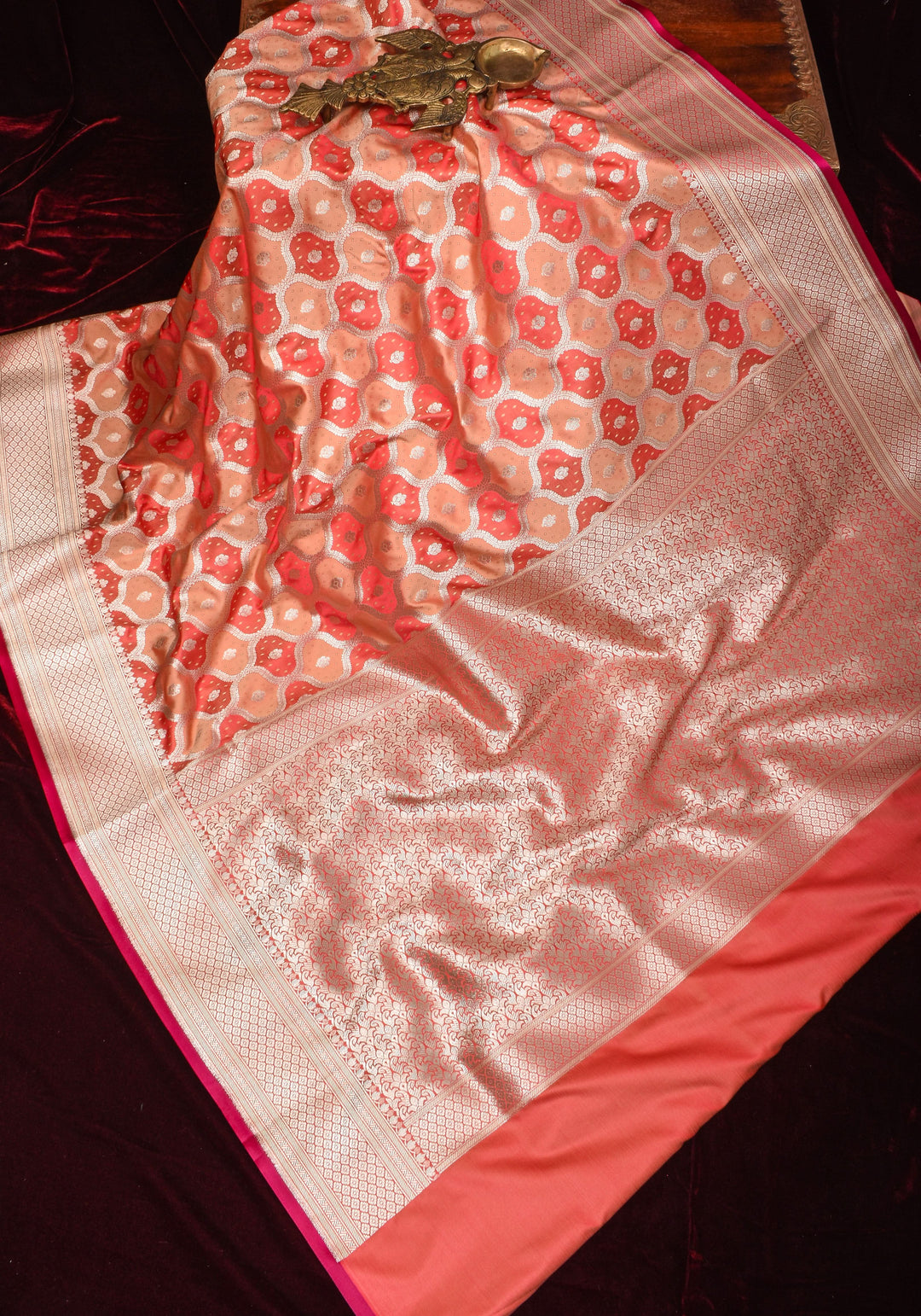 Peach -Pink Exquisite Moroccan Trellis Jaal Semi Silk Saree and zari border