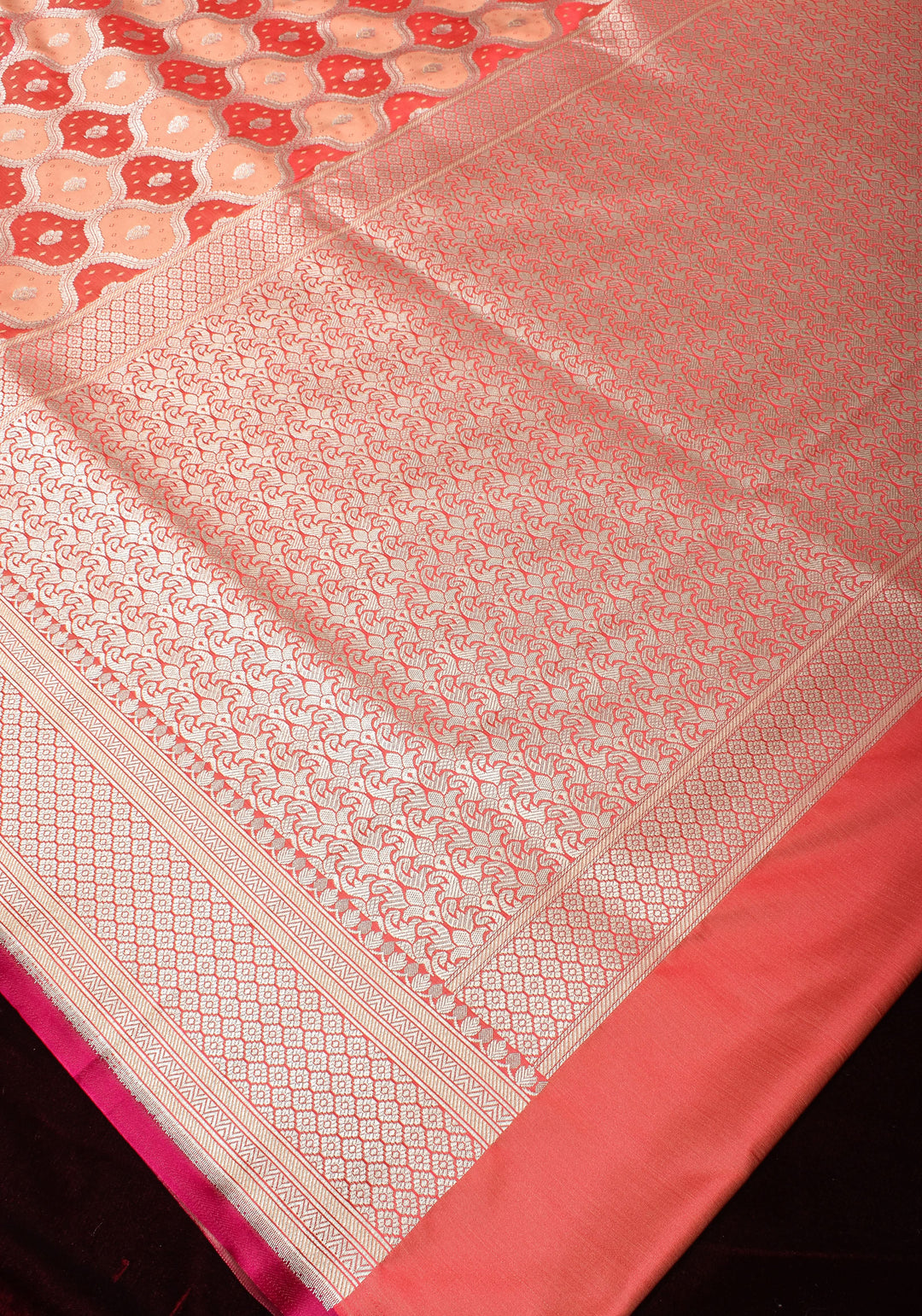 Peach -Pink Exquisite Moroccan Trellis Jaal Semi Silk Saree and zari border