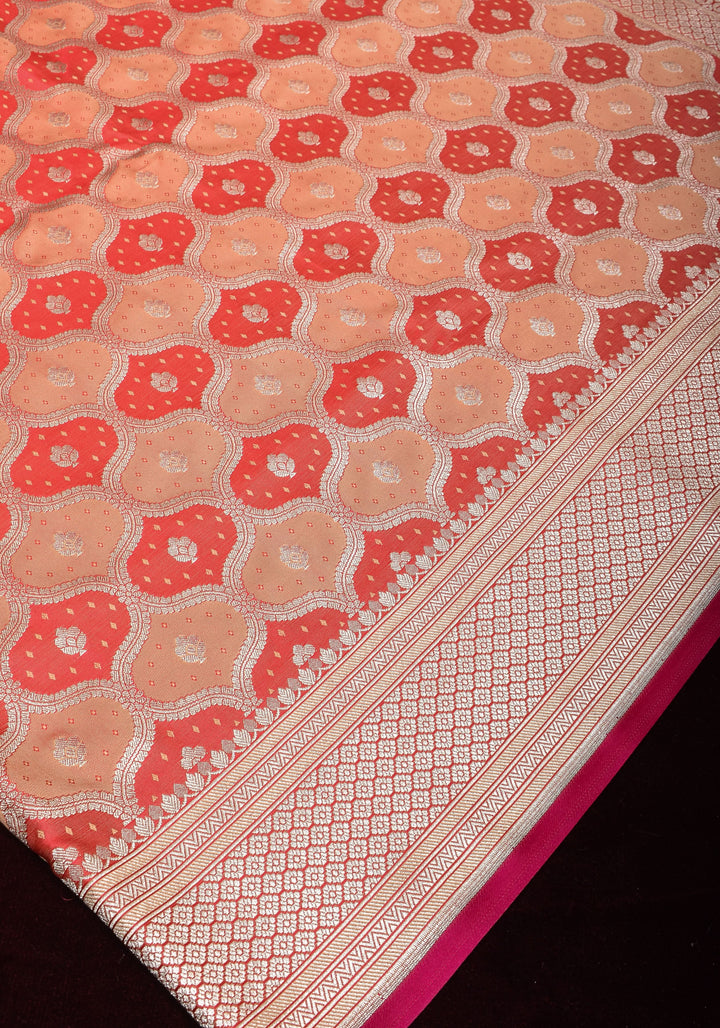 Peach -Pink Exquisite Moroccan Trellis Jaal Semi Silk Saree and zari border