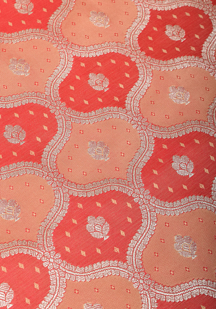 Peach -Pink Exquisite Moroccan Trellis Jaal Semi Silk Saree and zari border