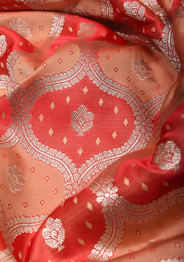 Peach -Pink Exquisite Moroccan Trellis Jaal Semi Silk Saree and zari border