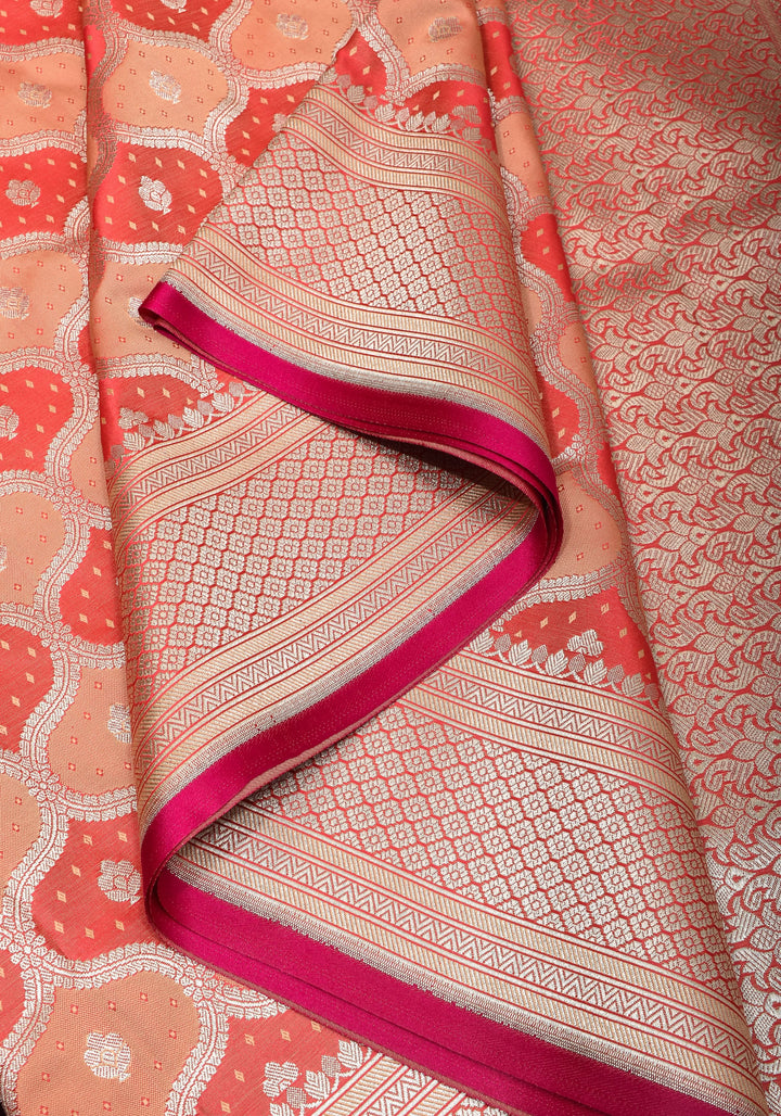 Peach -Pink Exquisite Moroccan Trellis Jaal Semi Silk Saree and zari border