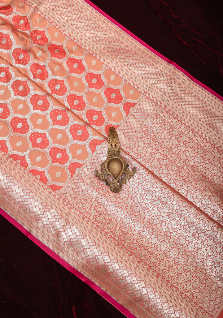 Peach -Pink Exquisite Moroccan Trellis Jaal Semi Silk Saree and zari border
