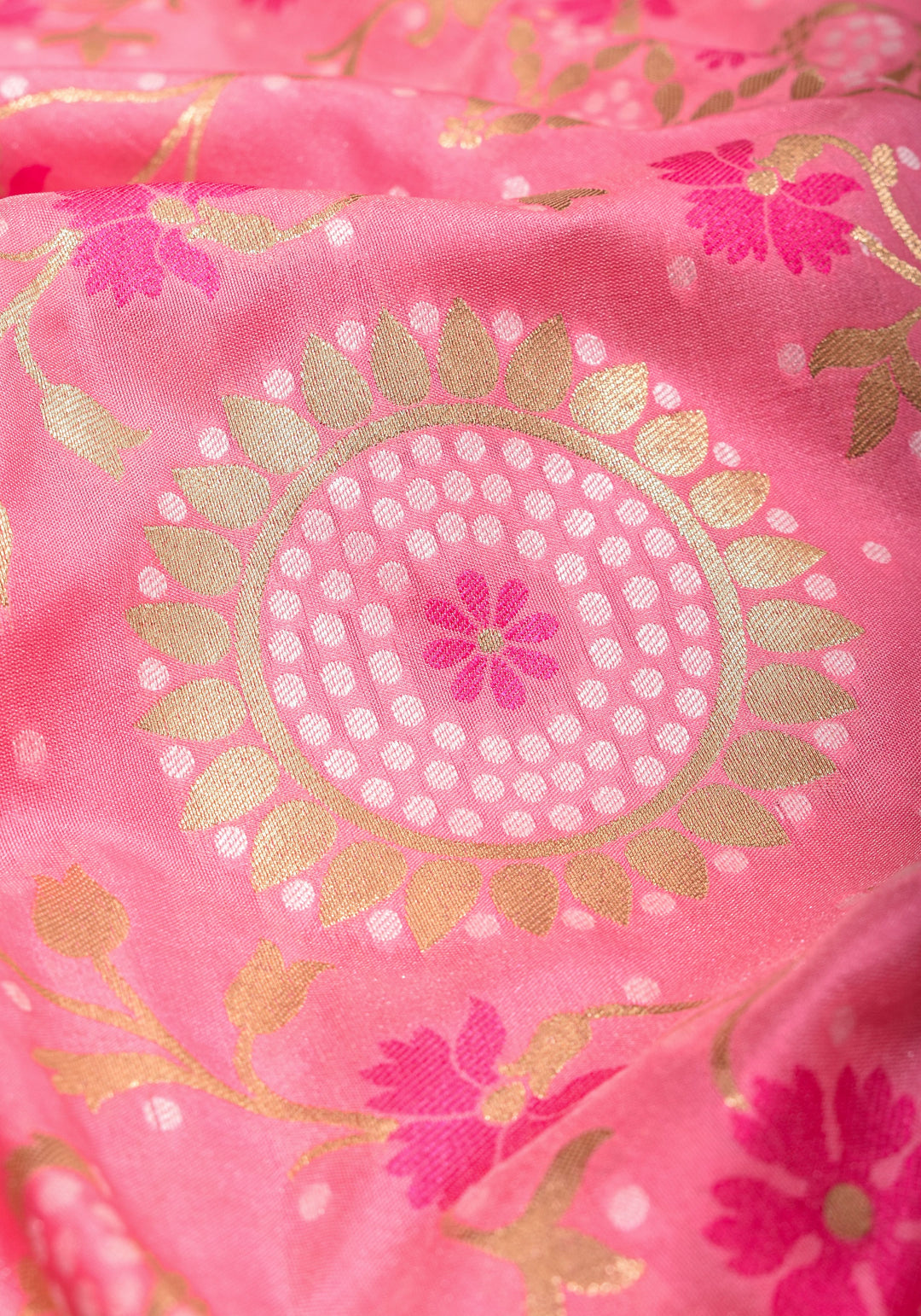 Exquisite Pink Semi Silk Saree with Floral jaal Meenakari Body Zari Border and Pallu