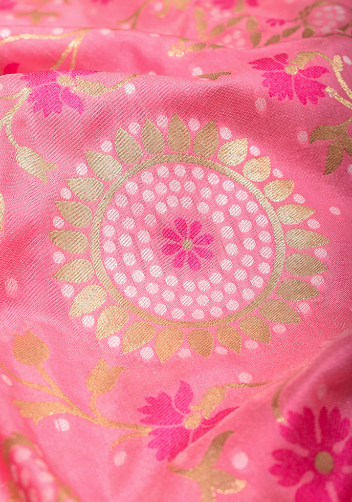 Exquisite Pink Semi Silk Saree with Floral jaal Meenakari Body Zari Border and Pallu