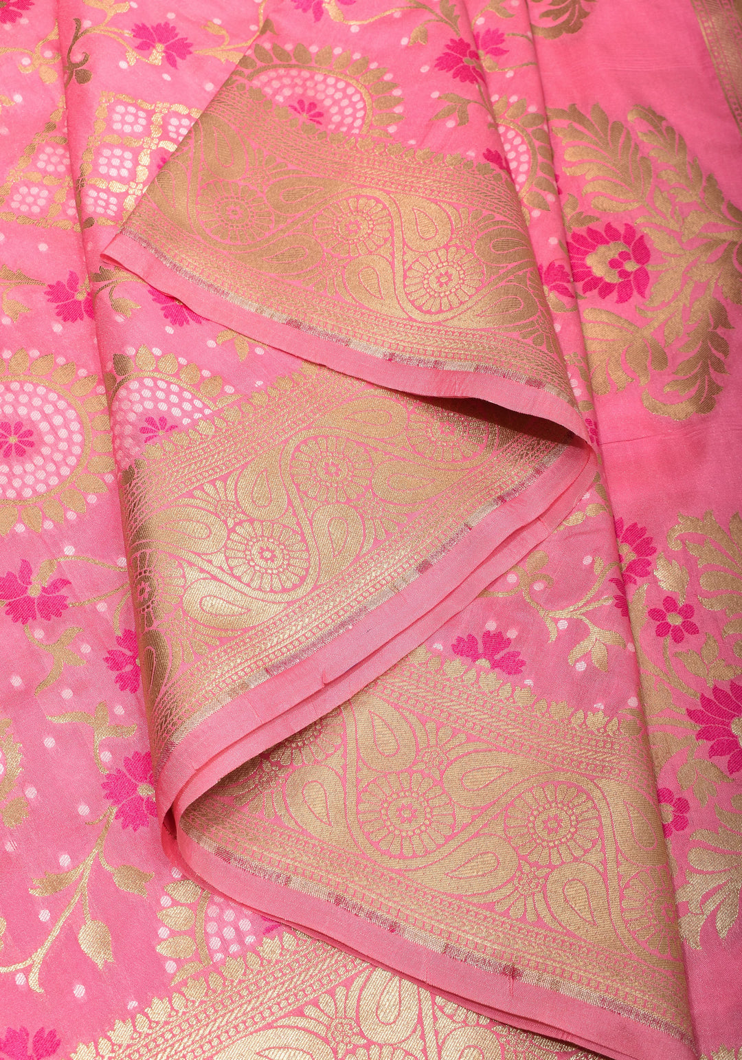 Exquisite Pink Semi Silk Saree with Floral jaal Meenakari Body Zari Border and Pallu