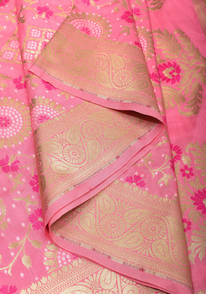 Exquisite Pink Semi Silk Saree with Floral jaal Meenakari Body Zari Border and Pallu
