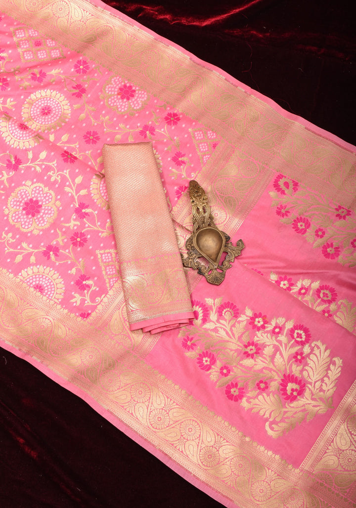 Exquisite Pink Semi Silk Saree with Floral jaal Meenakari Body Zari Border and Pallu