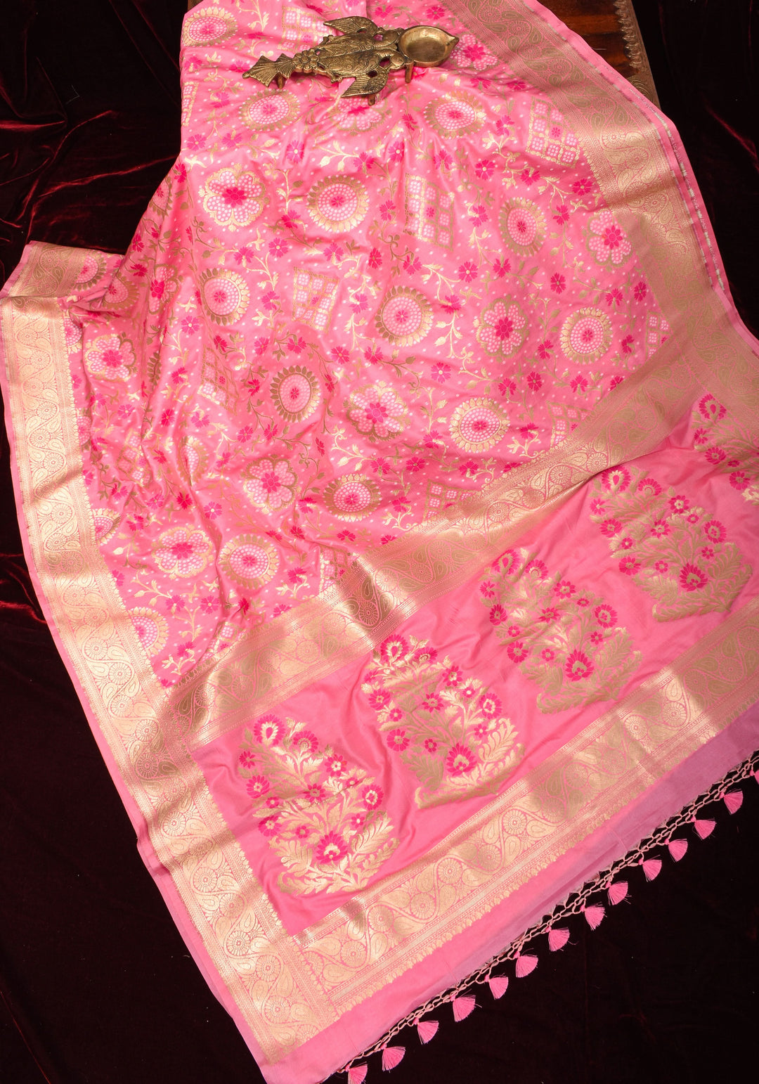 Exquisite Pink Semi Silk Saree with Floral jaal Meenakari Body Zari Border and Pallu