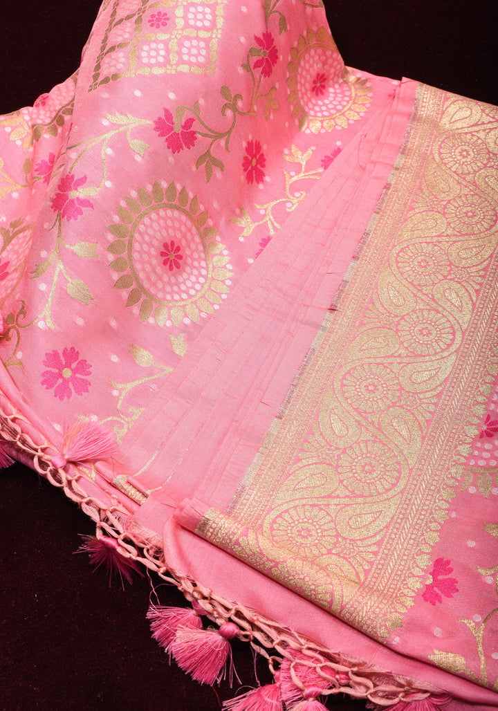 Exquisite Pink Semi Silk Saree with Floral jaal Meenakari Body Zari Border and Pallu