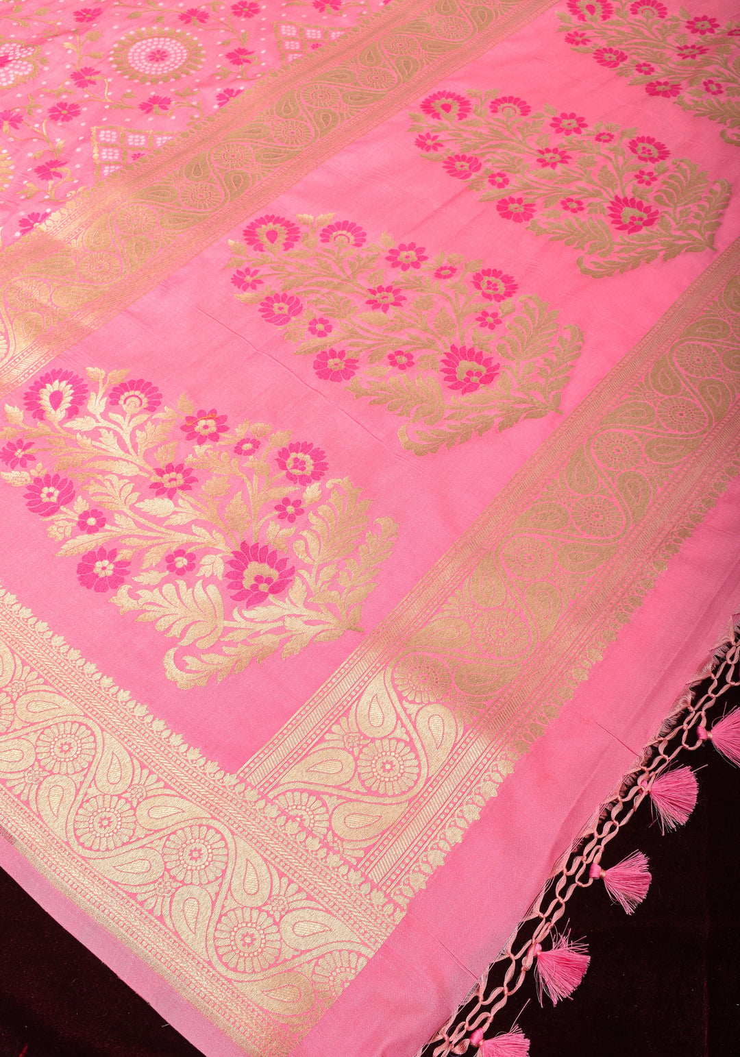 Exquisite Pink Semi Silk Saree with Floral jaal Meenakari Body Zari Border and Pallu