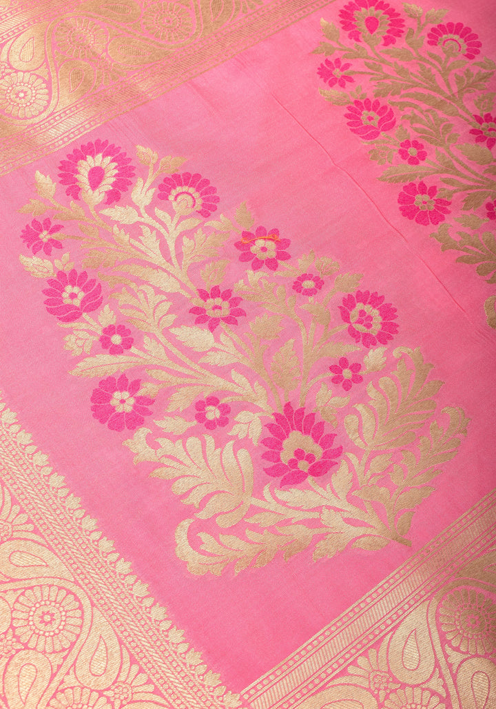 Exquisite Pink Semi Silk Saree with Floral jaal Meenakari Body Zari Border and Pallu
