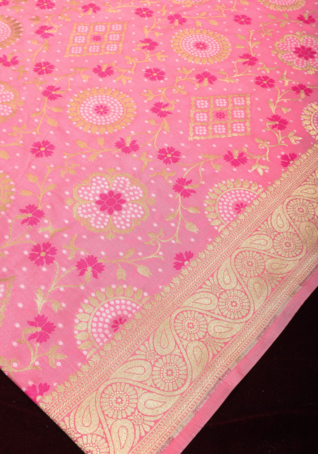 Exquisite Pink Semi Silk Saree with Floral jaal Meenakari Body Zari Border and Pallu