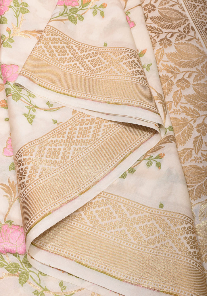 Off White Exquisite Meenakari Rose Jaal Semi Silk Saree and zari border