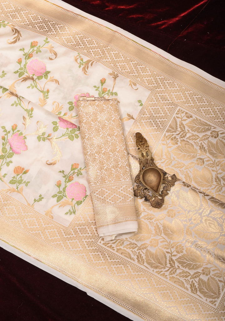 Off White Exquisite Meenakari Rose Jaal Semi Silk Saree and zari border