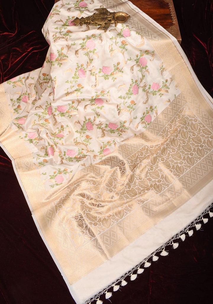 Off White Exquisite Meenakari Rose Jaal Semi Silk Saree and zari border