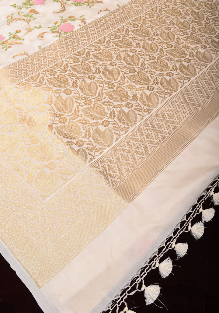 Off White Exquisite Meenakari Rose Jaal Semi Silk Saree and zari border