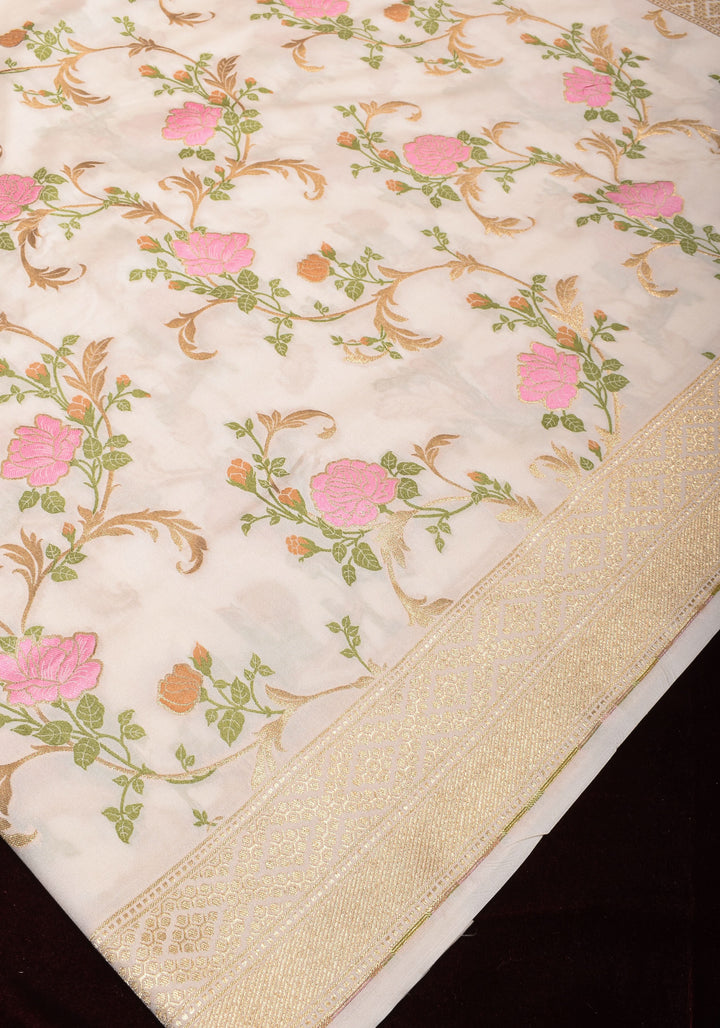 Off White Exquisite Meenakari Rose Jaal Semi Silk Saree and zari border