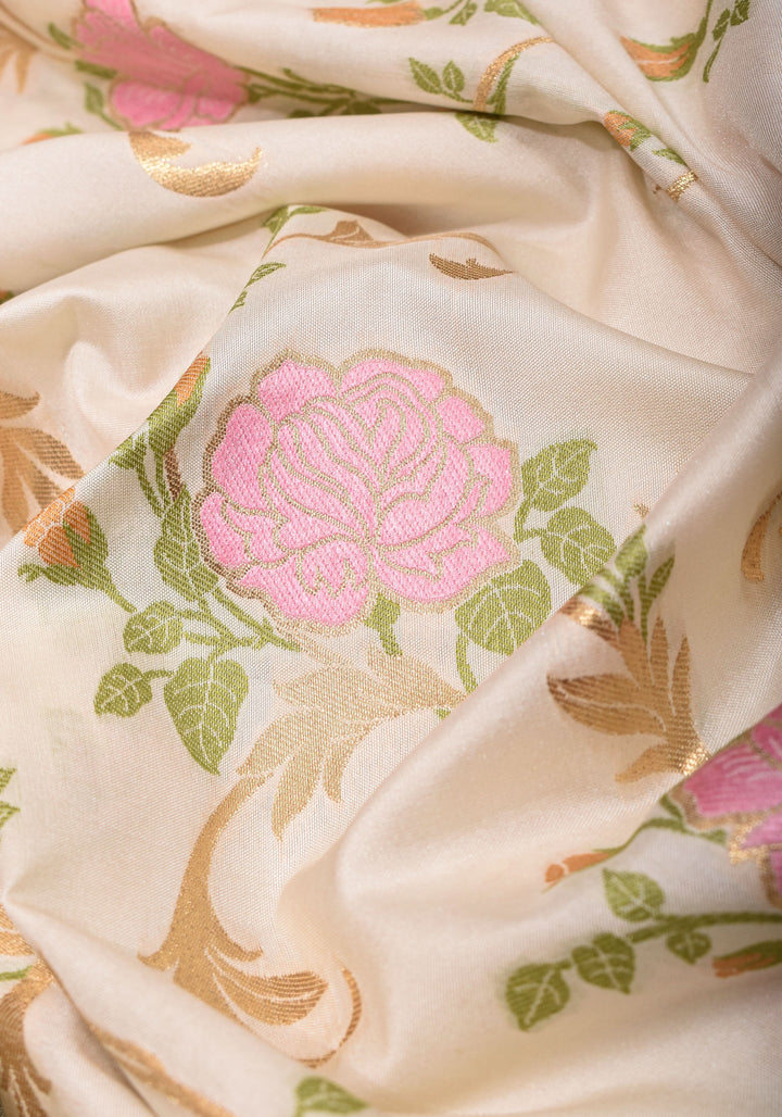 Off White Exquisite Meenakari Rose Jaal Semi Silk Saree and zari border