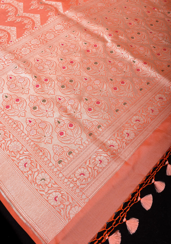 Coral Peach Exquisite Meenakari chevron Floral Jaal Pure Katan Silk Banarasi Saree with scallop border  | SILK MARK CERTIFIED