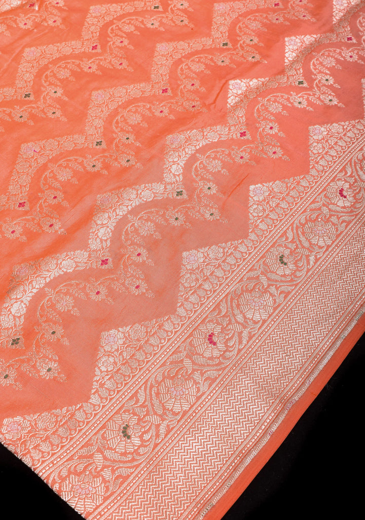 Coral Peach Exquisite Meenakari chevron Floral Jaal Pure Katan Silk Banarasi Saree with scallop border  | SILK MARK CERTIFIED