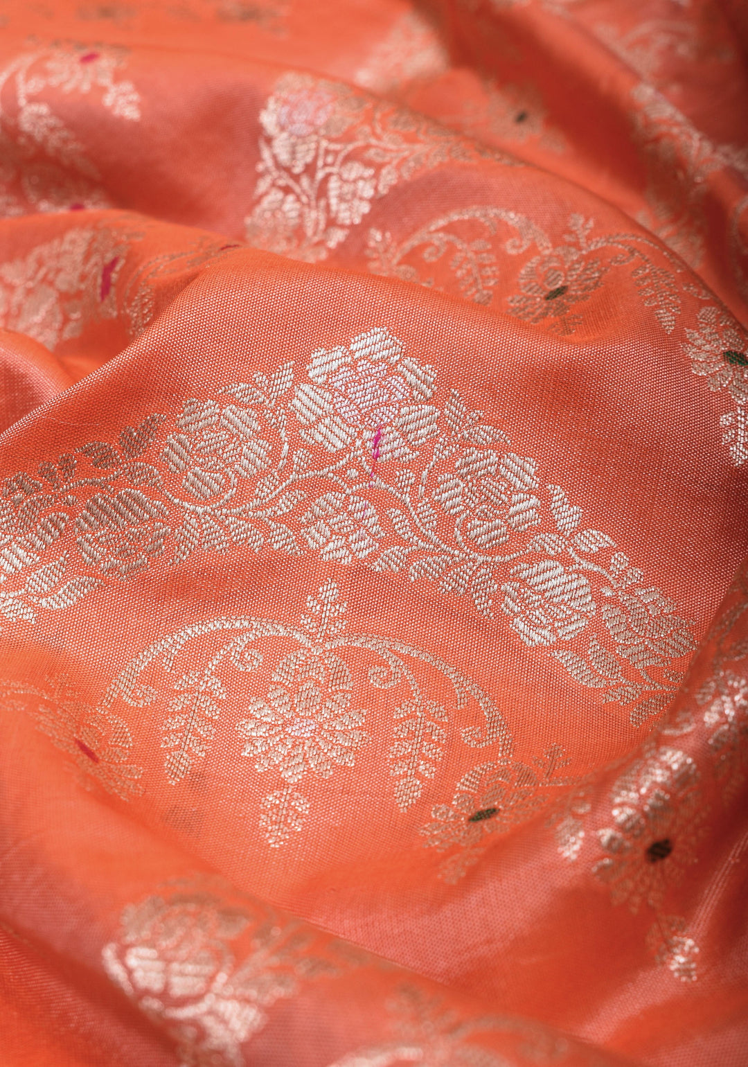 Coral Peach Exquisite Meenakari chevron Floral Jaal Pure Katan Silk Banarasi Saree with scallop border  | SILK MARK CERTIFIED