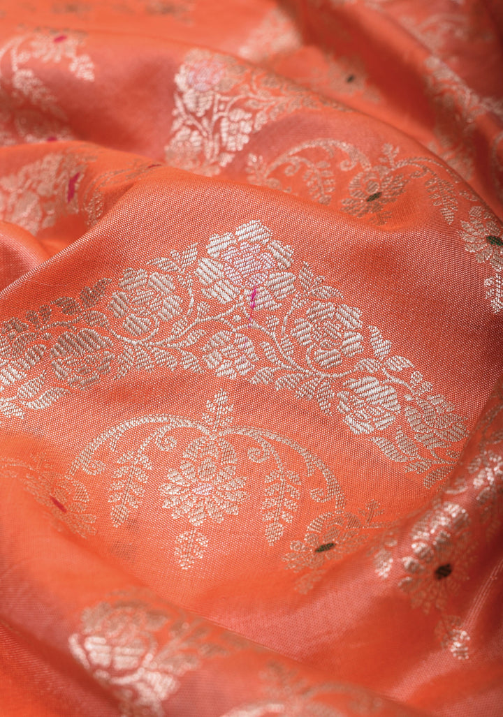 Coral Peach Exquisite Meenakari chevron Floral Jaal Pure Katan Silk Banarasi Saree with scallop border  | SILK MARK CERTIFIED
