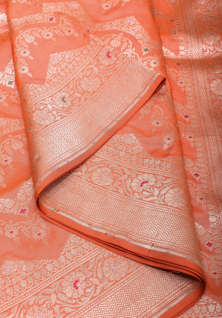 Coral Peach Exquisite Meenakari chevron Floral Jaal Pure Katan Silk Banarasi Saree with scallop border  | SILK MARK CERTIFIED