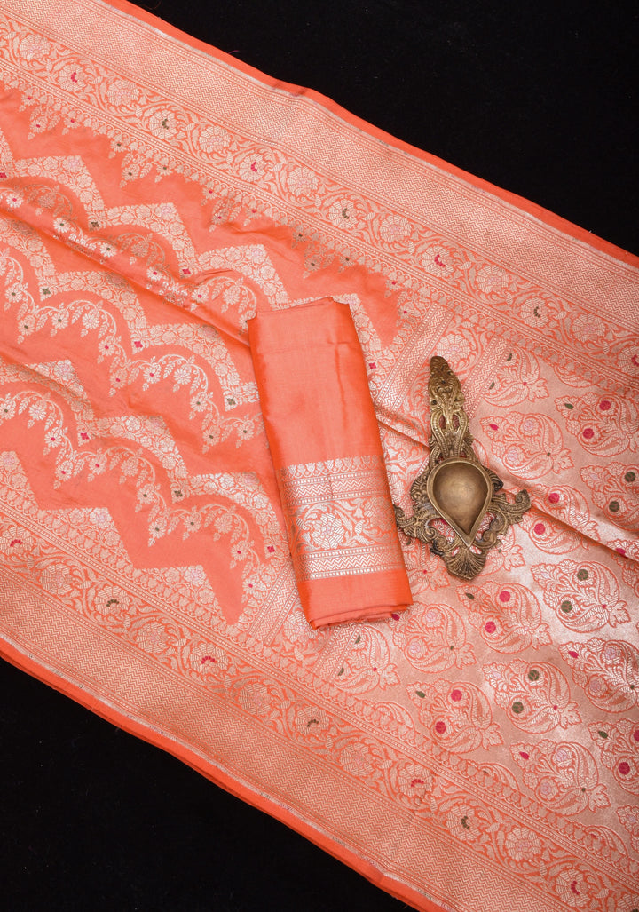 Coral Peach Exquisite Meenakari chevron Floral Jaal Pure Katan Silk Banarasi Saree with scallop border  | SILK MARK CERTIFIED